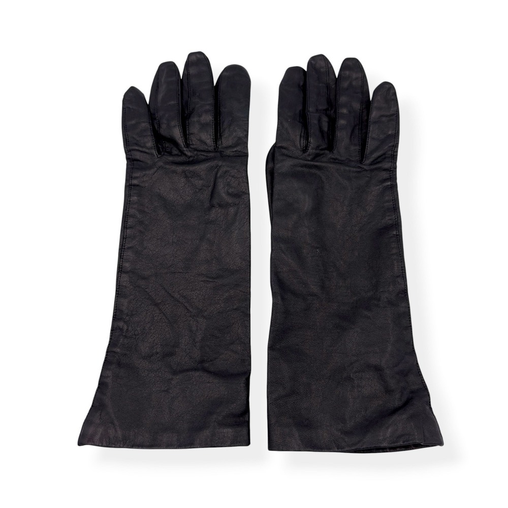 VTG Black Cowhide Leather Mid Length Women's Gloves Rayon Lining Size Small